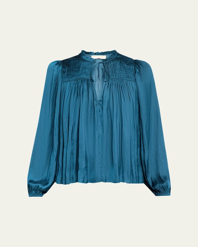 Freja Pleated Blouson-Sleeve Blouse